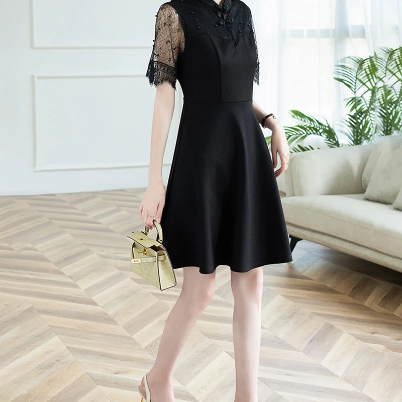 

Plus Size Ladies Slim Fit Elegant Retro Chinese Style Dress Lace Cuff Black Mandrain Collar Dress Midi Dress Female Vestidos 5XL