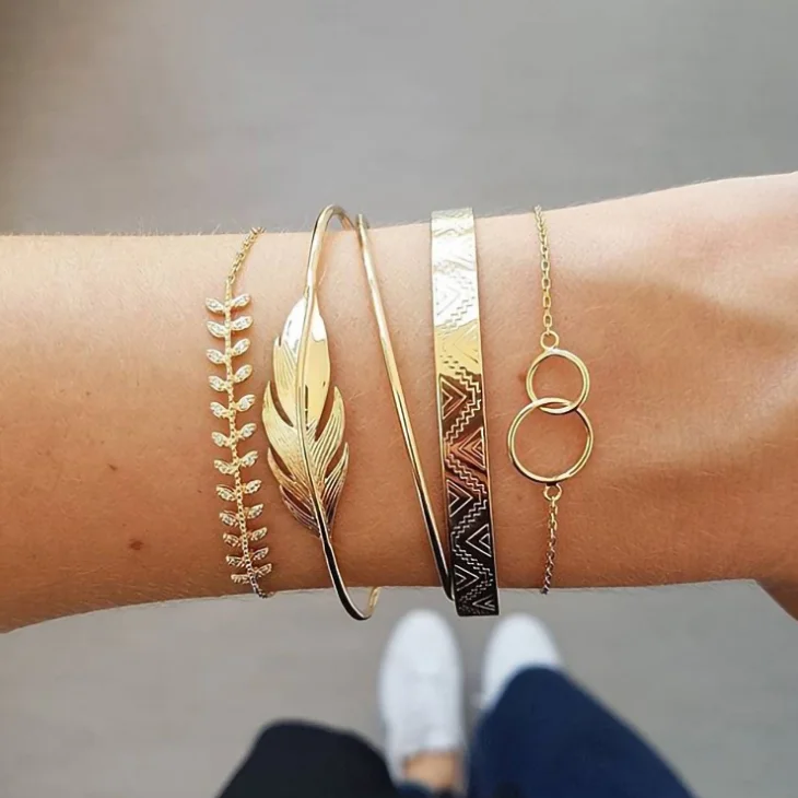 5 шт./компл. винтажные женские браслеты ветка листьев двойной круг узор открытый
