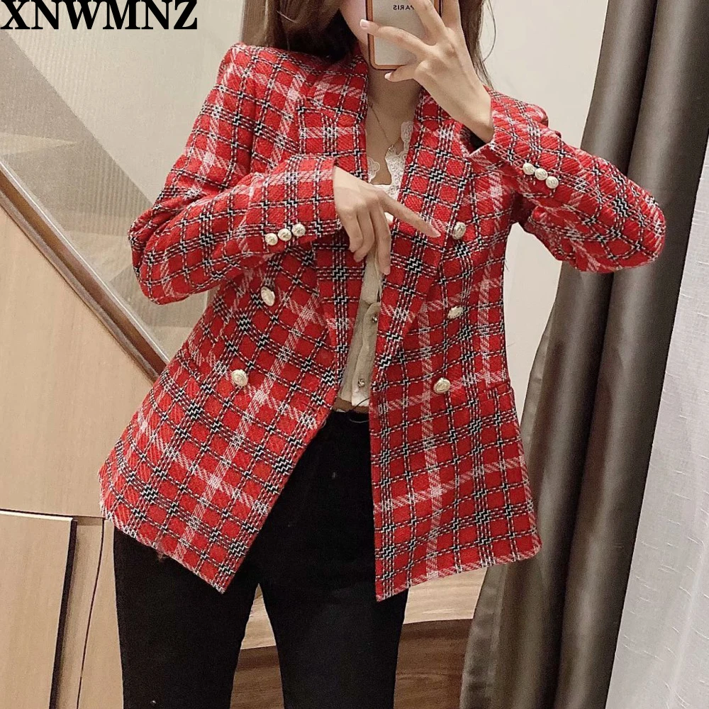 Xnwnmnz Za-chaqueta de cuadros con botones para mujer, abrigo elegante de manga larga con cuello en V y botones vintage