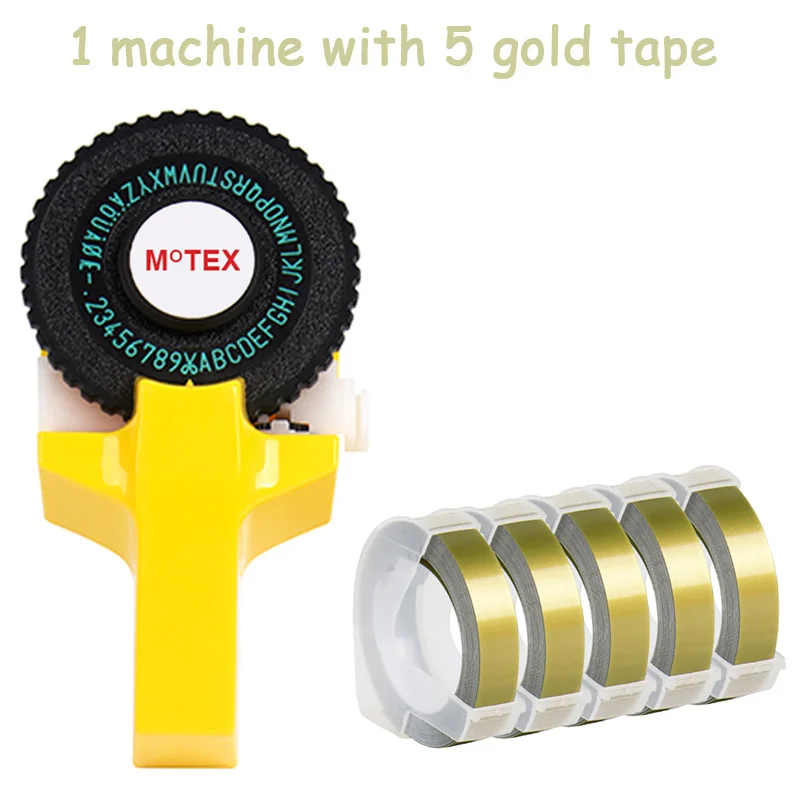 Желтый Цвет MoTex E101 принтер мини DIY ручной совместимый для dymo 3D Тиснение Ручной ленточный ручной пишущая машинка надписи машина - Цвет: machine add 5 gold