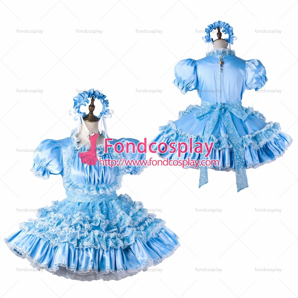 

fondcosplay adult sexy cross dressing sissy maid short baby blue satin dress lockable Uniform apron costume Tailor-made[G2206]