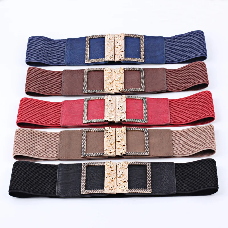 

Korean Style Square Pair Buckle Elastic Women Girdle Widened Decorative Belt Skirt Long Waistband Dress Adornment For Lady Belt