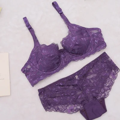 Purple with pad Сексуальное нижнее белье, комплект с бюстгальтером, женское нижнее белье, бюстгальтер пуш-ап, сетчатый бюстгальтер без косточек, эротическое белье, ультратонкий Винтажный кружевной комплект нижнего белья - Цвет: Purple with pad