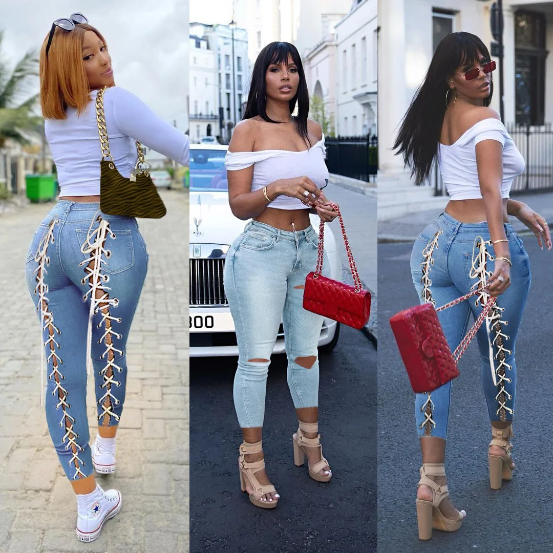

INS Latest Women Lace-up Ripped Jeans 2021 Summer New Clubwear Sexy Hollow Out Light Washed Mid-Calf Skinny Pencil Denim Pants