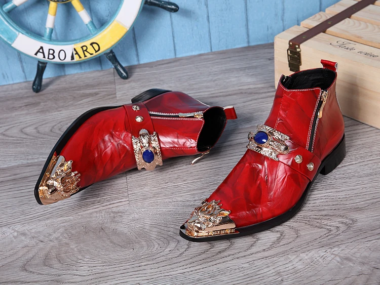 Winter Fashion Men Boots Red Metal Decoration Party Dress Nightclub Prom Leather Shoes Big Size Motorcycle Ankle | Обувь