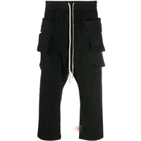 mens nine quarter pants straight pants casual pants spring and autumn new black elastic waist white rope design pocket overalls