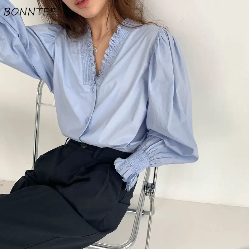 

Женские блузки, осенняя офисная Однотонная рубашка с пышными рукавами, Элегантная модная одежда, Женская универсальная уличная одежда в Ко...