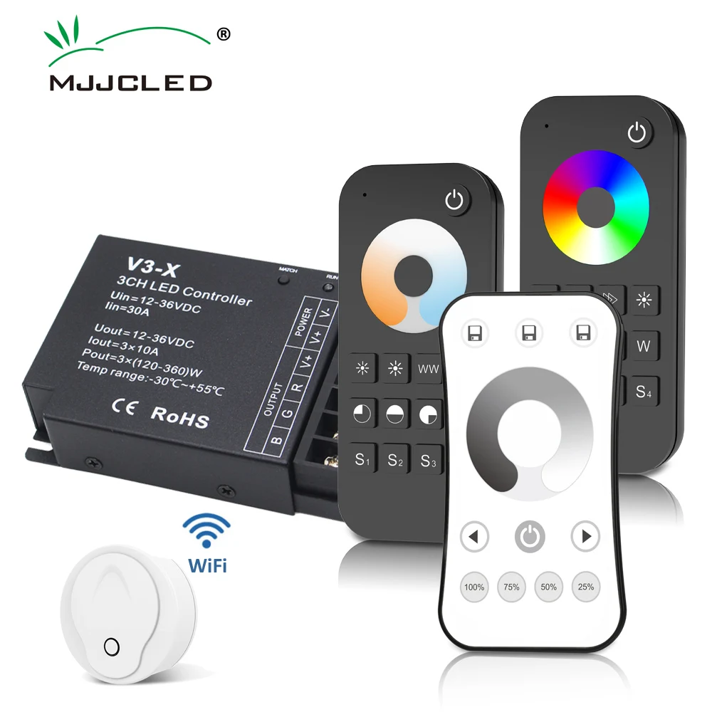

RGB Controller 12V DC 24V 36V 30A 3CH 2.4G RF Wireless Single Color Dimer CCT RGB Remote Control LED Strip Lights Controler V3-X