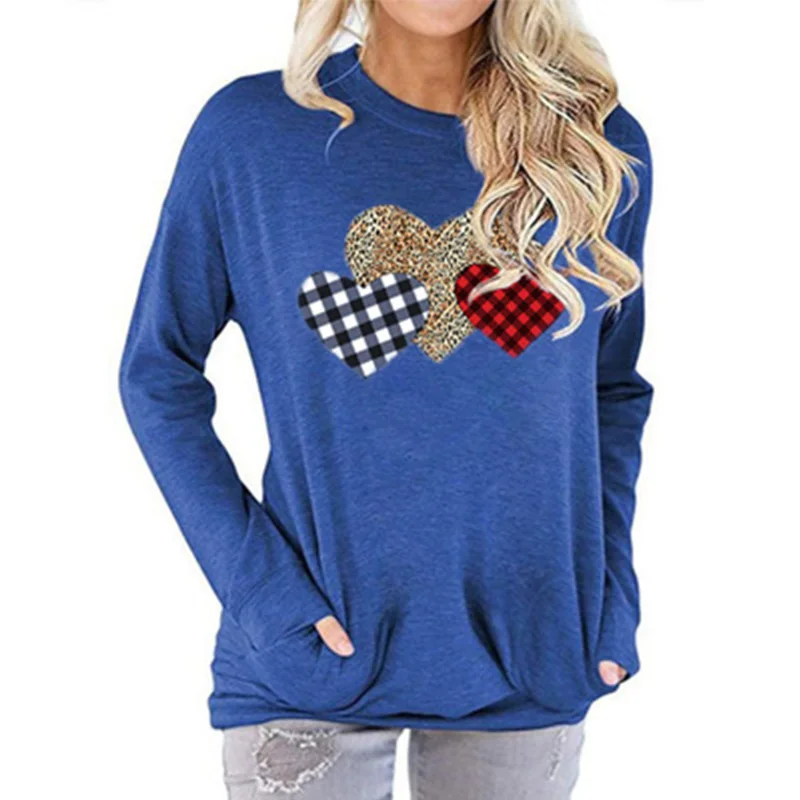 

2021 spring autumn hot sale printed round neck long sleeve pocket loose hedging women's T-shirt