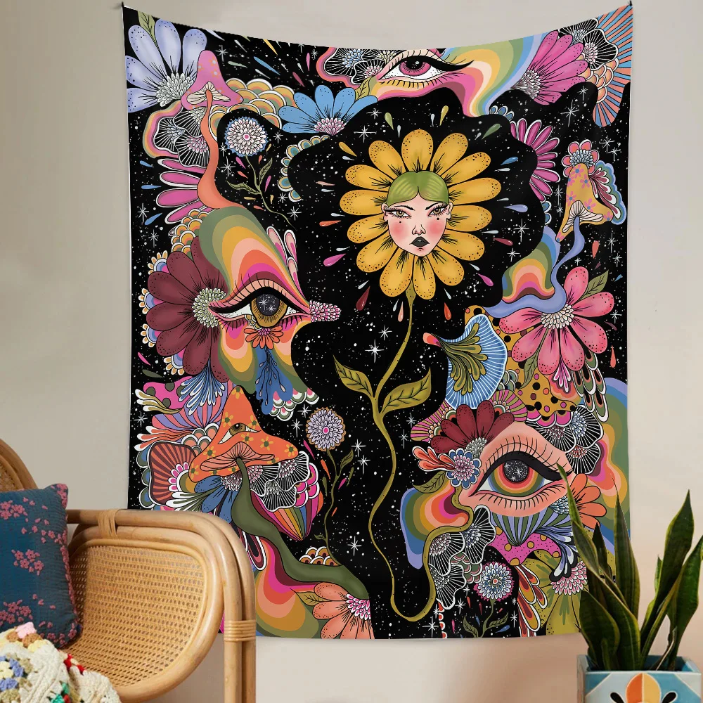 

Psychedelic Flower Tapestry Wall Hanging Botanical Mushroom Floral Tapestry Large Eye Starry Sky Carpet Wall Carpets Dorm Decor