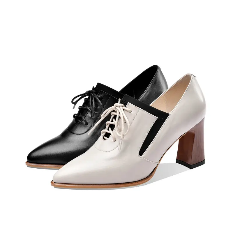 

Brand Design Shoes Woman Black Beige Pointed toe Chunky High Heels Shoes Lace Up Oxfords Spring Fall Ladies Pumps Leather Shoes