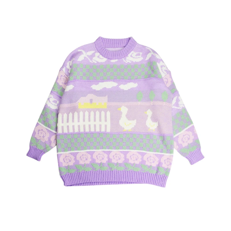Autumn New Design Women Sweet Pullover Sweaters Crew Collar Ladies Loose Knitwear Jumpers Tops Cuet Ducks Flower Knitted | Женская