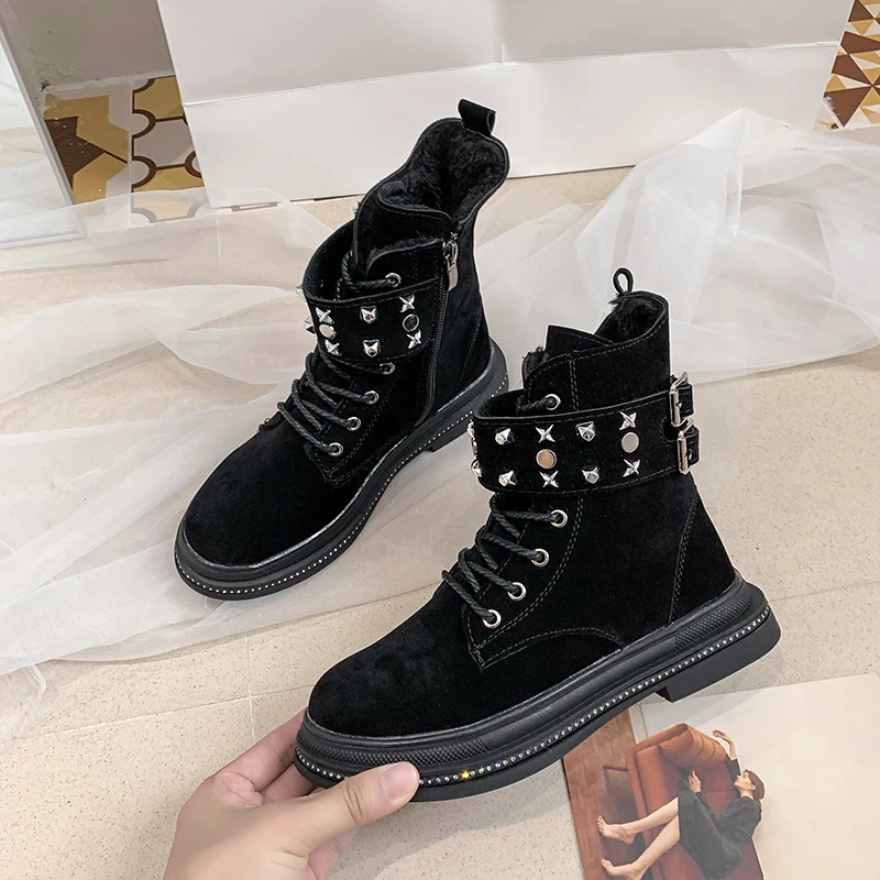 Заклепки Искусственная кожа ботинки с ремешком и пряжкой толстая подошва