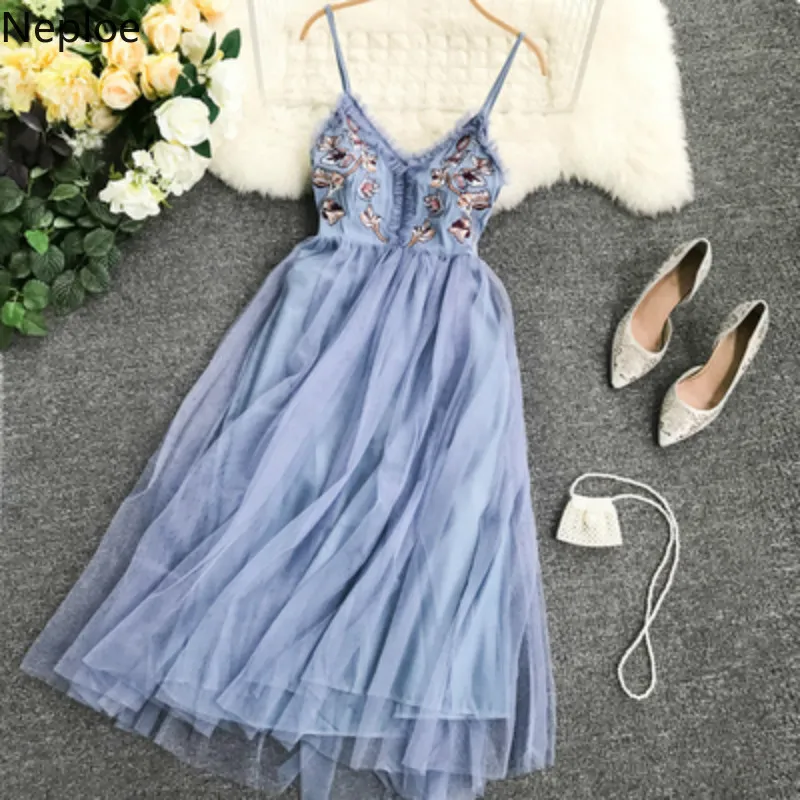 Neploe Лето 2019 женское платье Милая Вышивка оборки Camis Vestido французский