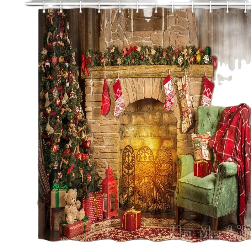 

Christmas Decor By Ho Me Lili Shower Curtain Xmas Tree Fireplace Room New Year Upgrade Polyester Fabric Bathroom Accessories