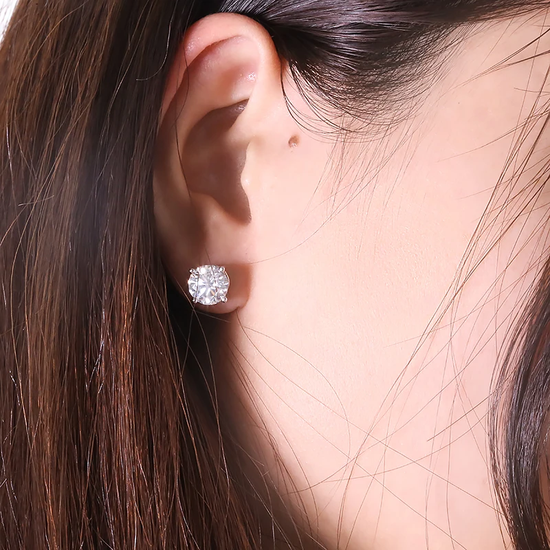 

D color 4ctw 2.0Carat 8.0mm Round Excellent Cut Moissanite Diamond Earring Stud Push Back Solid Real 18K White Gold Fine Jewelry