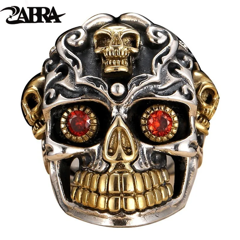 ZABRA 925 Sterling Silver Red Cubic Zirconia Eyes Skull Ring Male Gold Adjustable Rings For Men Punk Gothic Jewelry