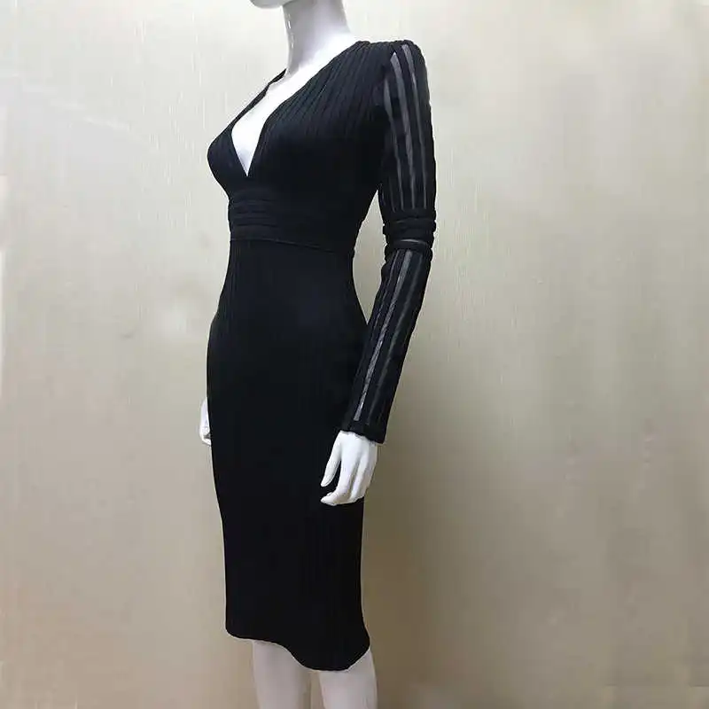 

summer new 2021 Hot autumn sexy V-Neck long sleeve tight bandage dress
