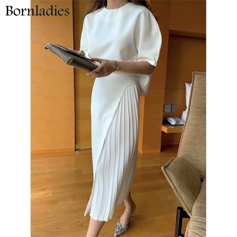 Bornladies-Conjunto de dos piezas de verano para mujer, camiseta de manga corta con cuello redondo + Falda larga plisada de cintura alta, trajes de 2 piezas