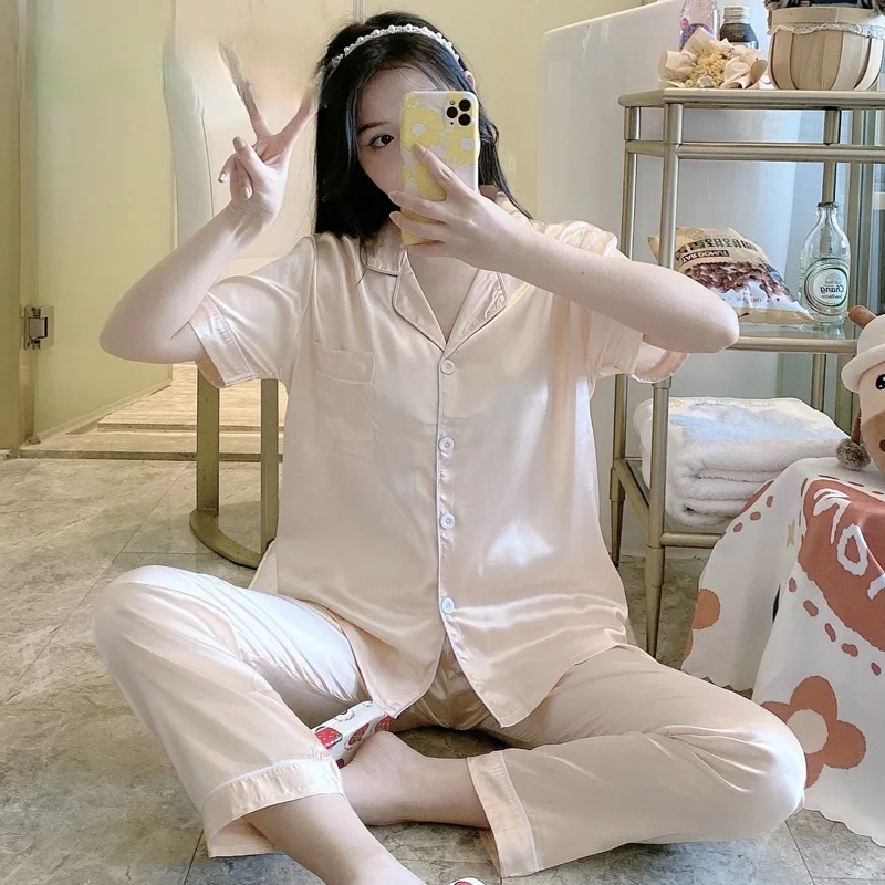 

Pyjamas For Women Silk Satin Pajamas Pyjamas Set Short Sleeve Sleepwear Pajamas Suit Female Sleep Two Piece Set Loungewear