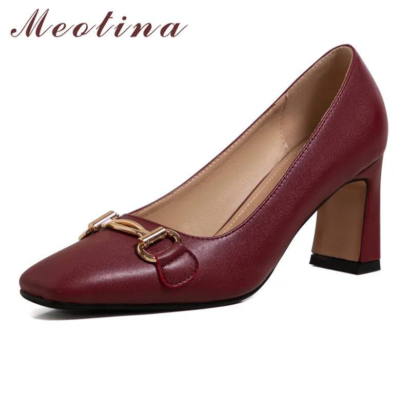 

Meotina Square Toe Pumps Chunky Heels Women Shoes Metal Decoration Shallow Footwear High Heel Slip On Shoes Spring Apricot 33-40