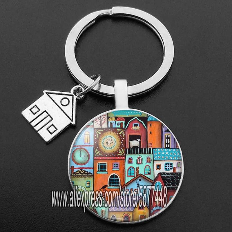 colorful painting town city building keychain beautiful house under the starry sky key ring for new home purse keyring for women free global shipping