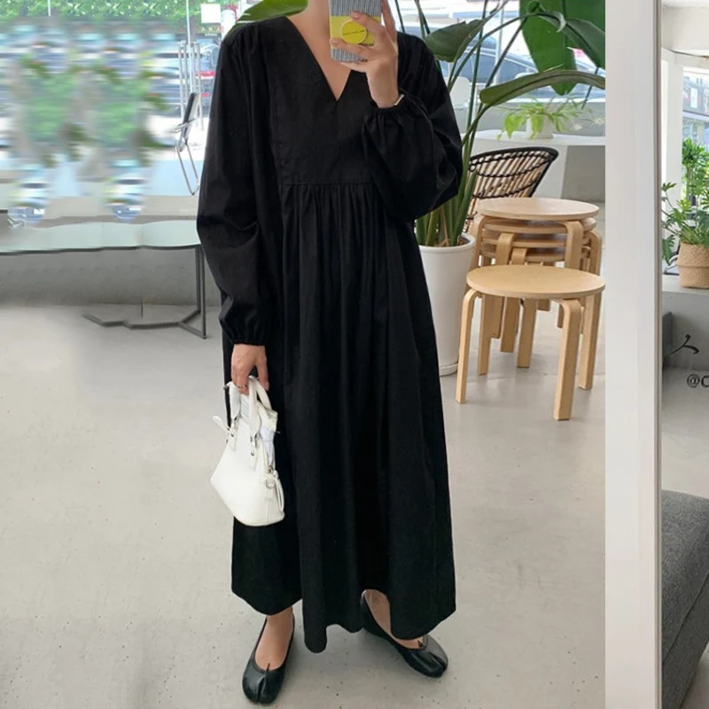 

IEQJ casual 2021 autumn v-neck over the knee flare waist large size long-sleeved new black women's dress fashion tide 2A1640