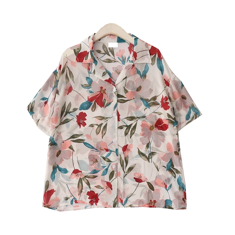 

Retro floral print holiday han edition suit collar short sleeve shirts summer new floral chiffon shirt jacket female
