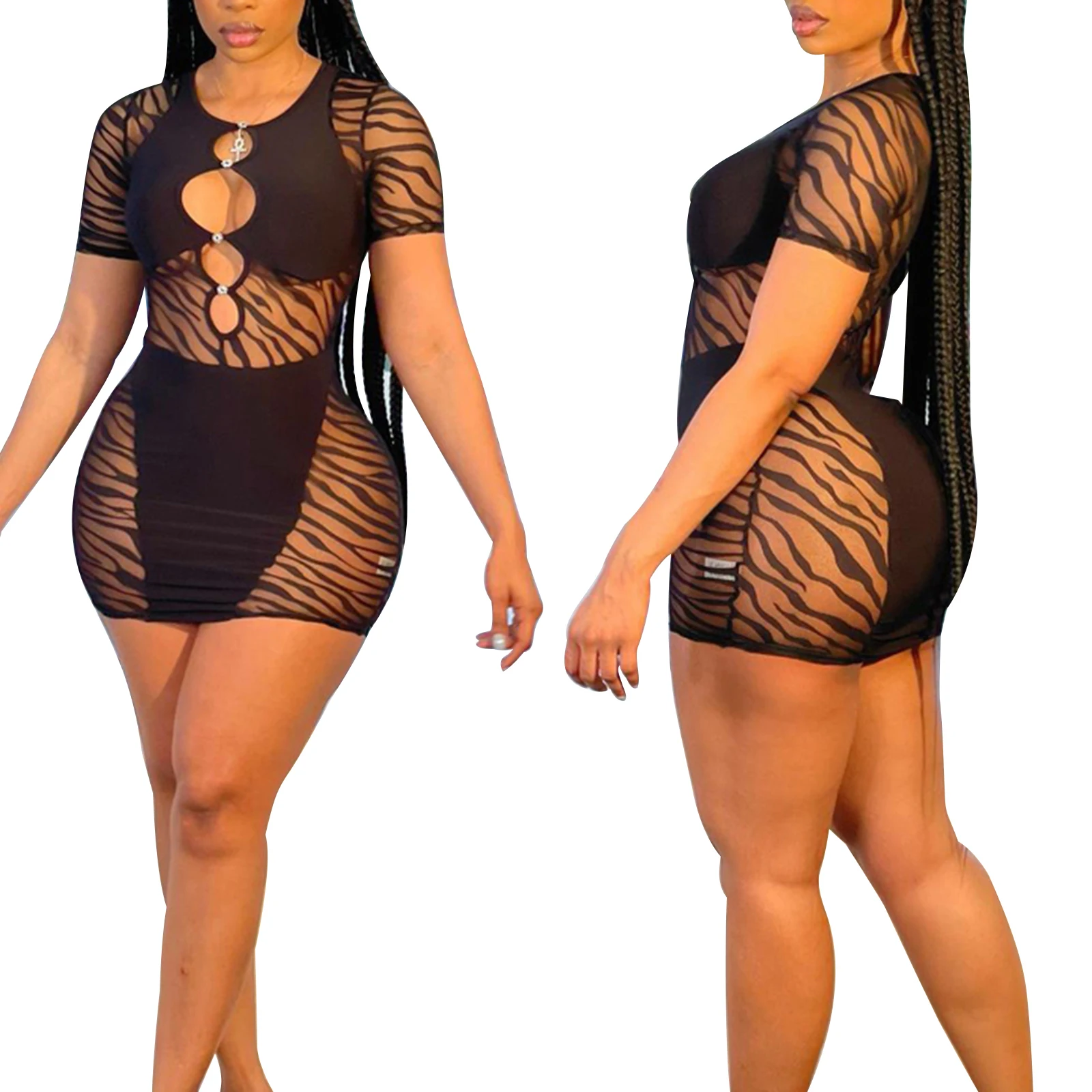 

Сексуальное женское ажурное Прозрачное платье, летние креативные комбинированные платья мини в полоску с коротким рукавом и круглым вырез...