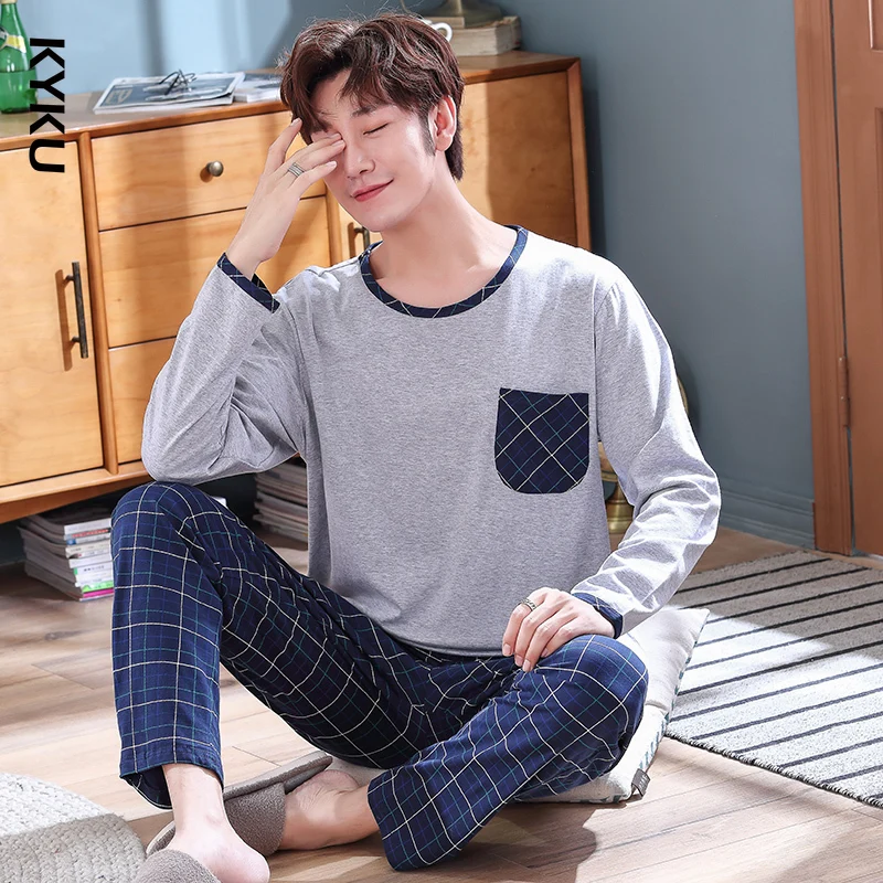 

Spring Autumn Full Cotton Men's Pyjamas Plaid Pants Pajamas Set Casual Male Sleepwear Night Pijama Hombre Plus Size 4XL Homewear