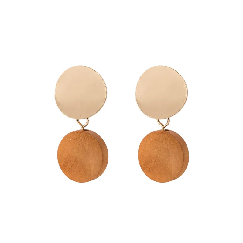

Fashion Vintage Natural Wood Round Drop Earrings Metal Geometric Dangling Earrings for Women Party Statement Jewelry