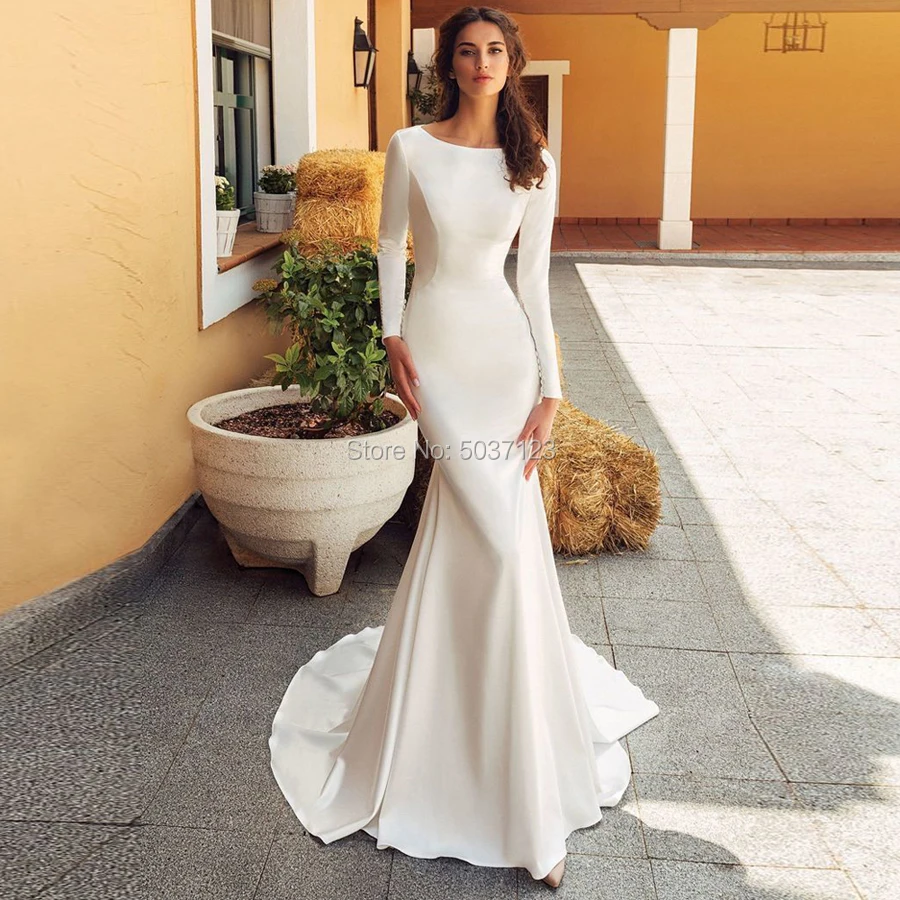 

Satin Mermaid Wedding Dresses Scoop Long Sleeves Lace Appliques Bridal Gowns Vestido De Noiva Buttons Back Sweep Train Married