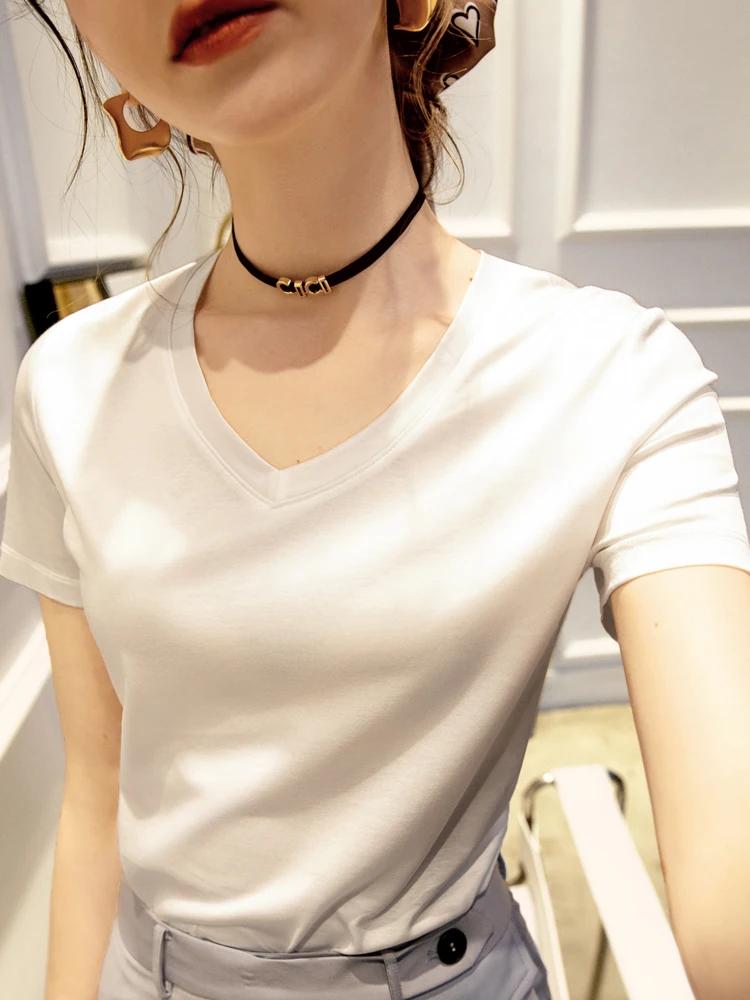 

Inner Pullover Women Short-Sleeved Silk Bottoming Shirt Top 2021 Summer Sexy V-neck Cotton Solid Color Slim Basic T-shirt New
