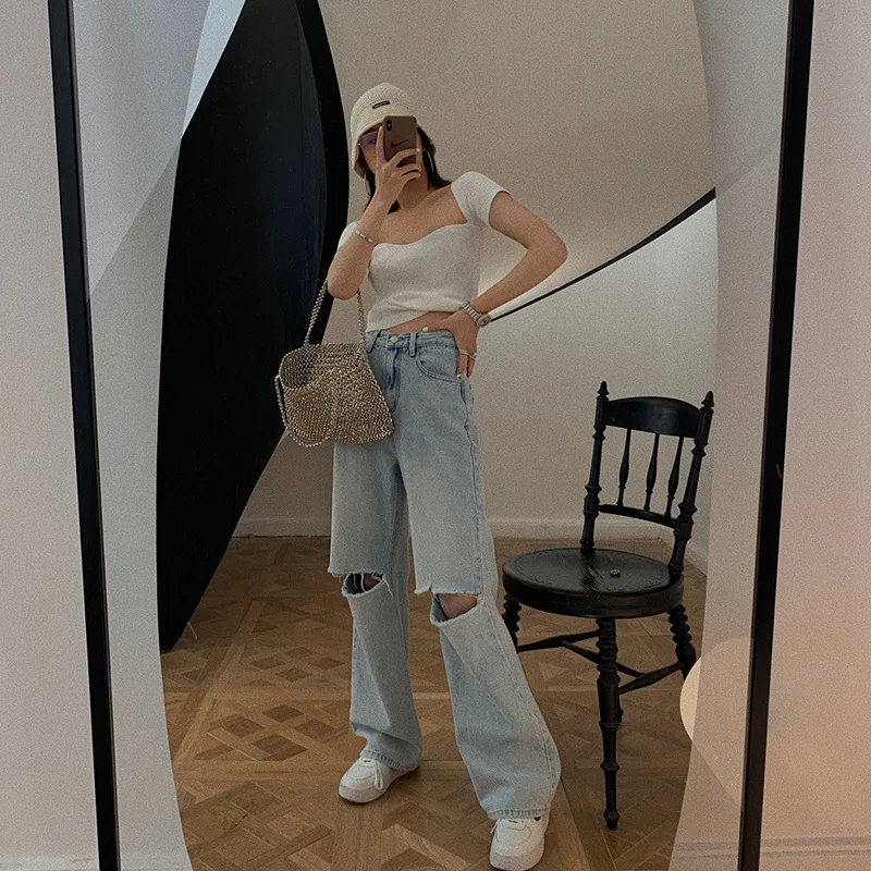 Сетчатые красные джинсы с высокой талией большие свободные двойными вырезами