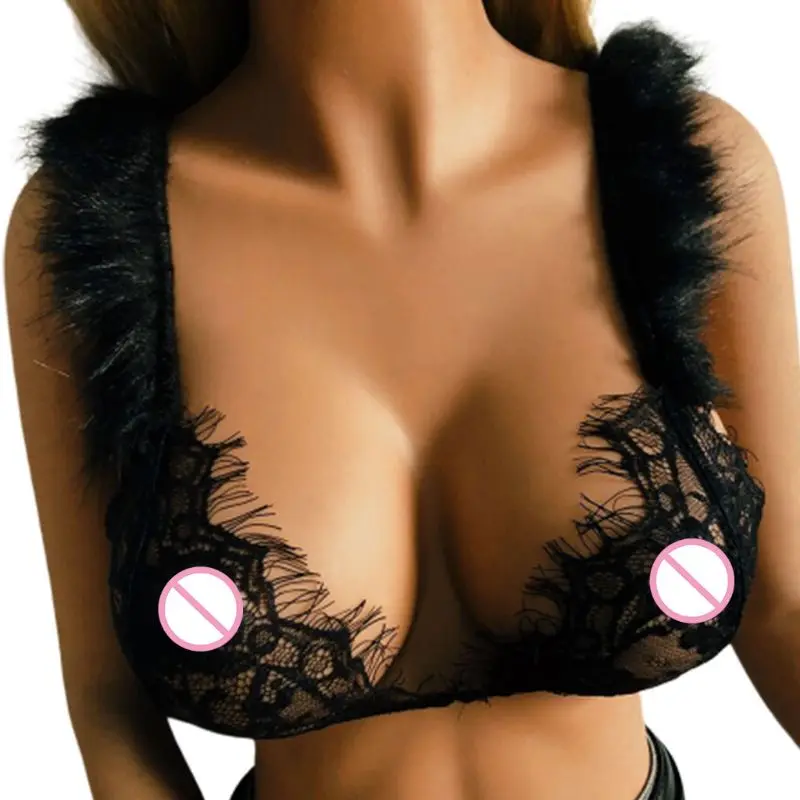 Womens Sexy Low Cut Backless Bralette Fluffy Plush Shoulder Straps Underwear Bustier Eyelash Floral Lace Cup Lingerie Crop Tops
