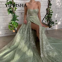 glittery sweetheart front high split evening dresses strapless backless sequined a line prom gown robes de soir%c3%a9e vestidos