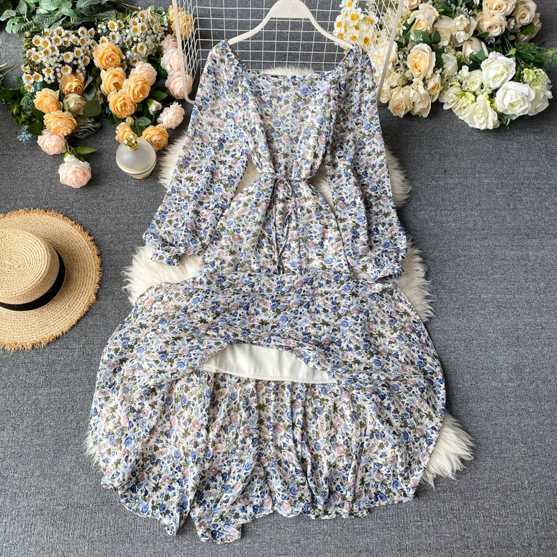 Женское винтажное платье трапеция с цветочным принтом и квадратным