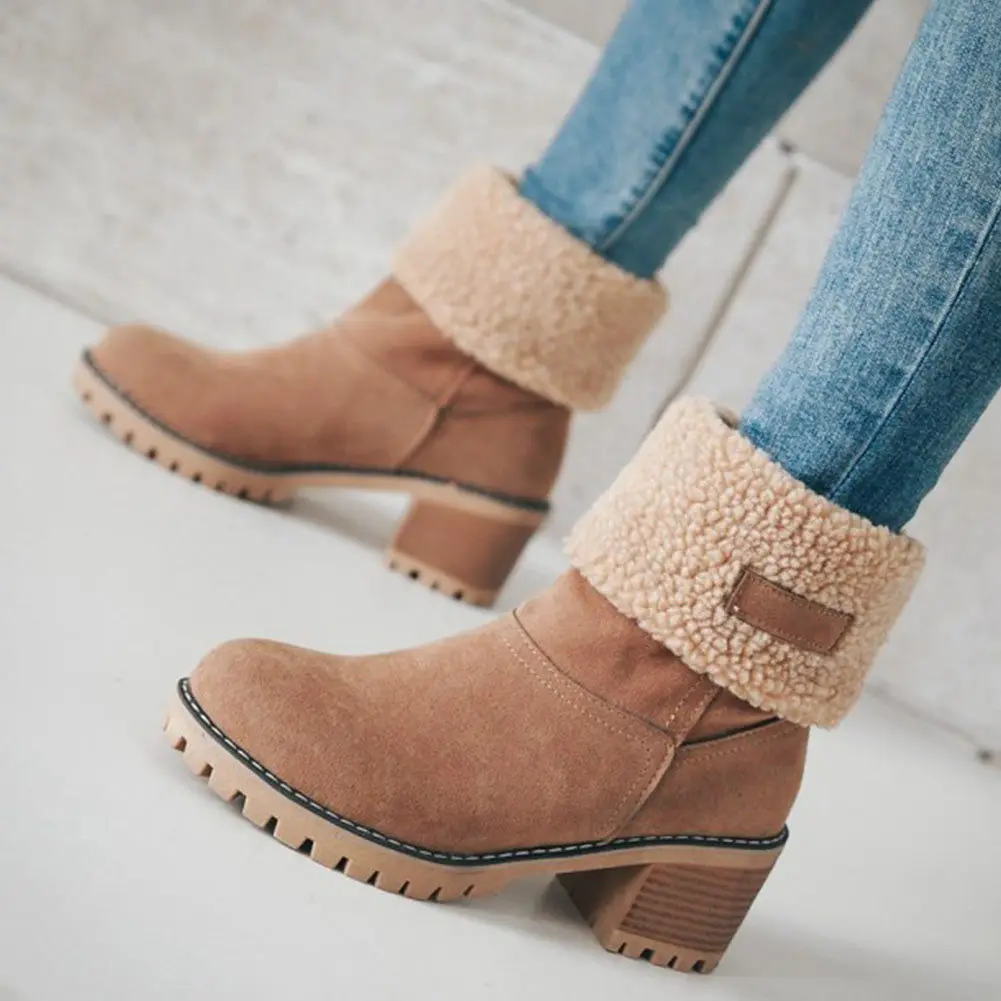 

Black Shoes With Winter Platform Boots 2022 Autumn Female Snow Squar Heel Cotton Nubuck Plush Non-Slip Big Size35-43 Ankle Boots