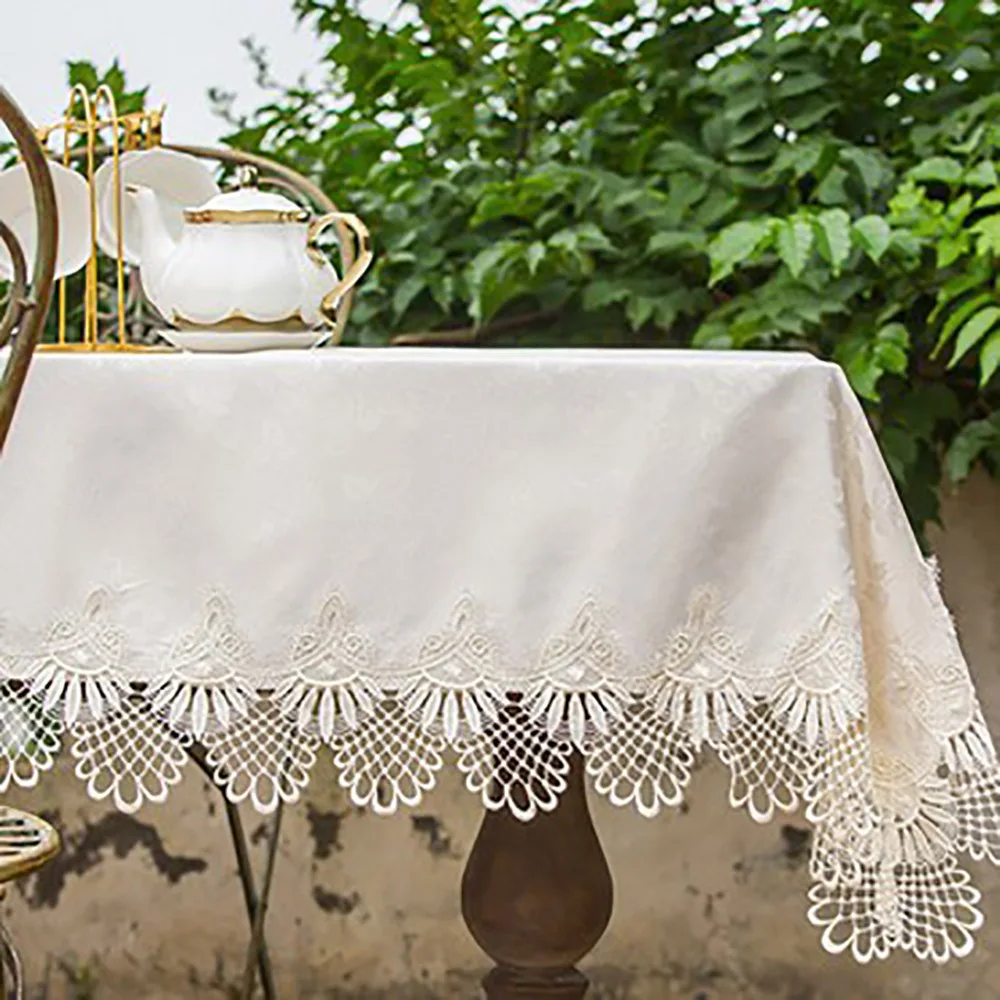 

Lychee European Style Embroidery Table Cloth Simple Rectangle Table Cover with Lace Trim Home Wedding Birthday Party Tablecloth
