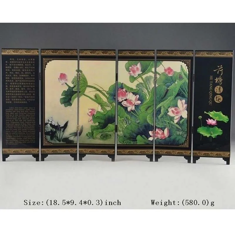 

Oriental Lacquer Handwork Old Painting Lotus Writing Words Six Fold Screen Deco#3