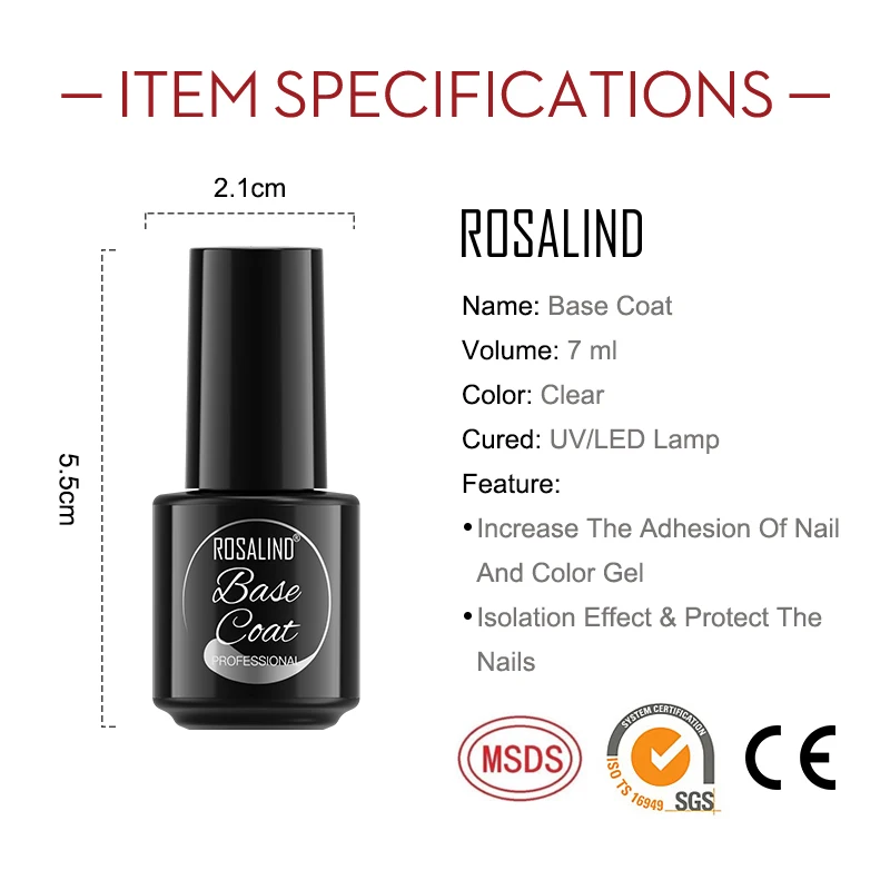ROSALIND Top Base Coat Set 2PCS 7ml UV Nail Gel Polish Long Lasting For Art Design Soak Off Lacquer Kit Semi Permanent |