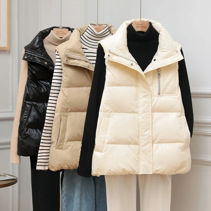 

New Women Fashion Short White Duck Down Vest Stand Collar Female Loose Thick Soft Warm Sleeveless Zipper Coat Big Size Waistcoat