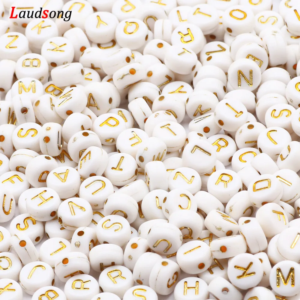 7mm White And Gold Mixed Letter Acrylic Beads Round Flat Alphabet Loose Beads For Jewelry Making Handmade Diy Bracelet Necklace