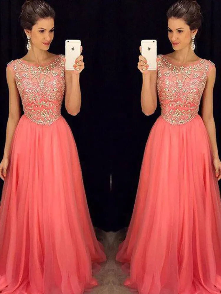 

Net/Tulle Beading Evening Dresses Sweep/Brush Sleeveless A-line sparkle Party Dresses Jewel Floor length Party Gowns