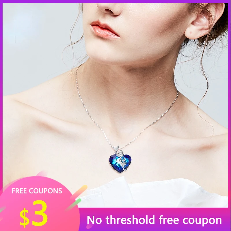

OGULEE Women Pendant Necklace Embellished With Crystals Heart Butterfly Fashion Jewelry Exquisite Blue Heart Charm Necklace