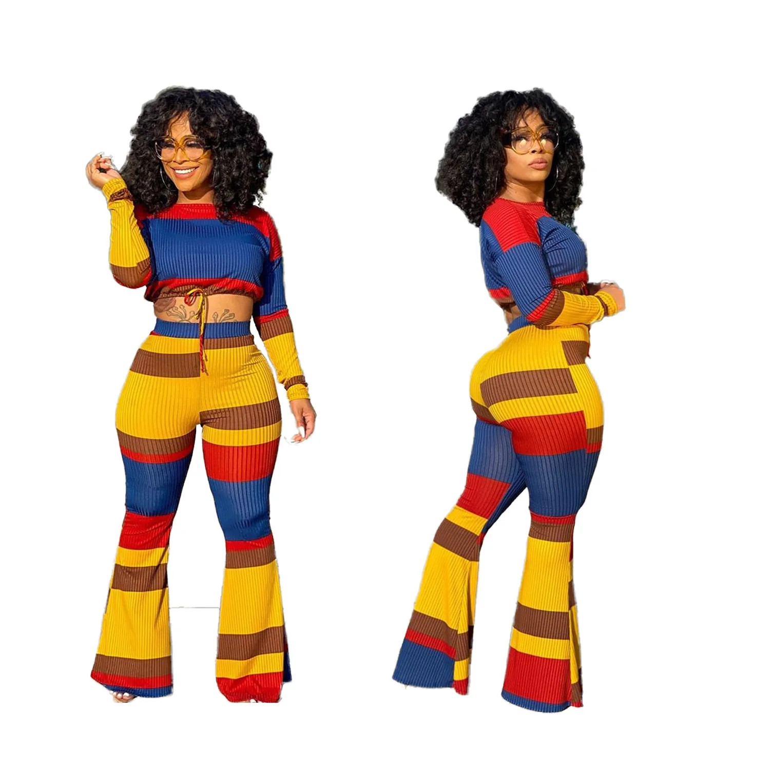 

Ribbed Striped Outfits Two 2 Piece Set Women Tracksuit Crop Top Pants Wide Leg Long Trousers Jogging Femme Sweatsuits for Women