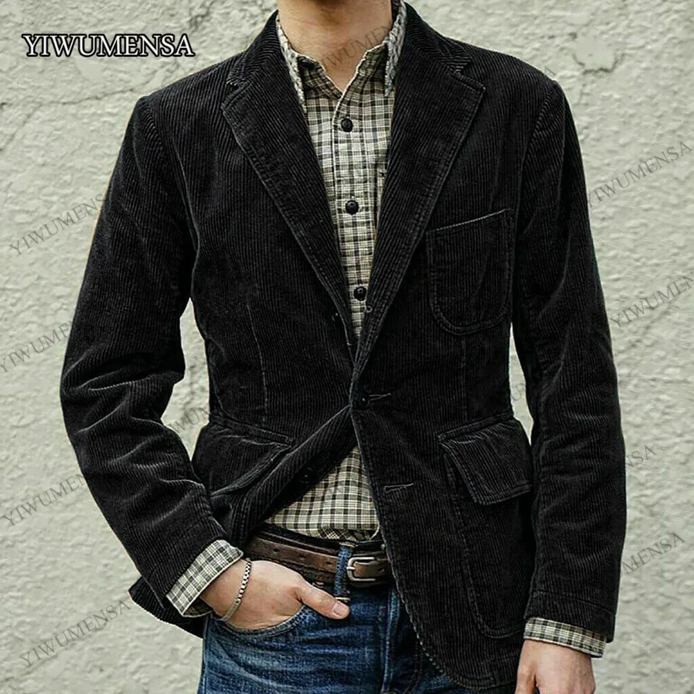 

Green Corduroy Men's Suits Blazer Notch Lapel Jackets Causal Single-Breasted Two Buttons Custom Made Male Casual Clothing 2021