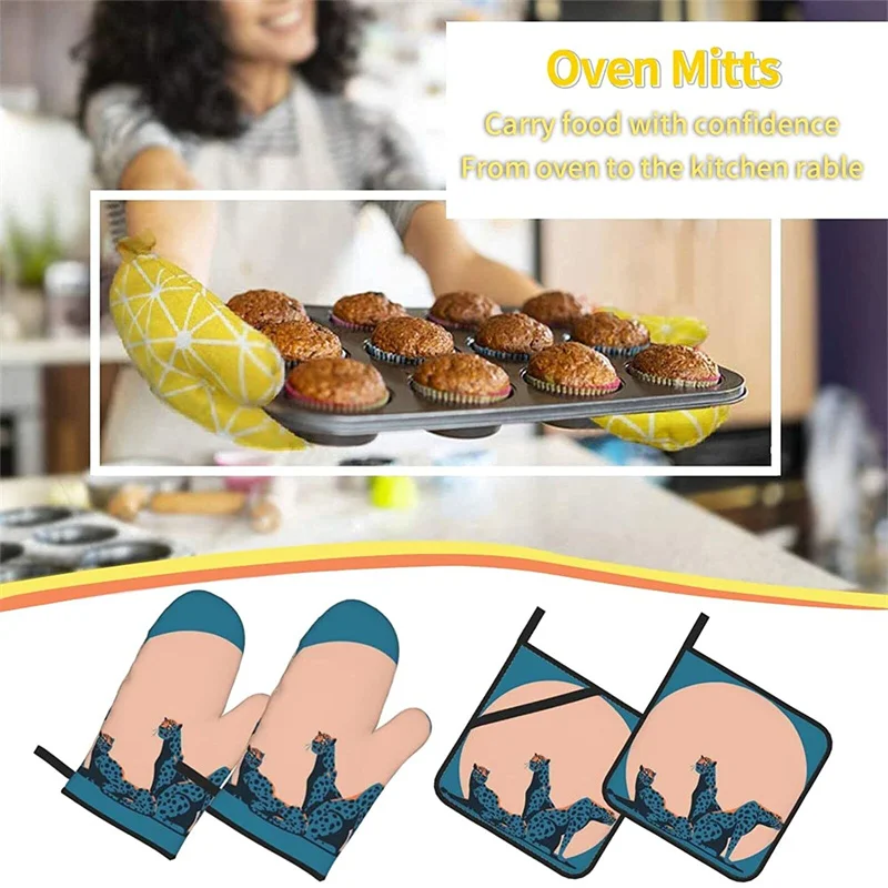 

Oven glove and pot holder set heat-resistant 4-piece set, kitchen utensils non-slip insulating gloves for baking and cooking