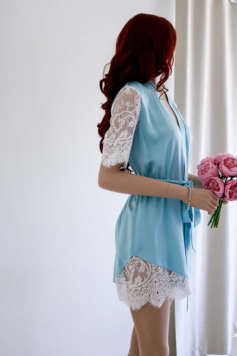 

Top Fashion Sexy Women's Nightgown Sexy Suit Short-Sleeved Lace European And American Sexy Lingerie Blue Gray Pink