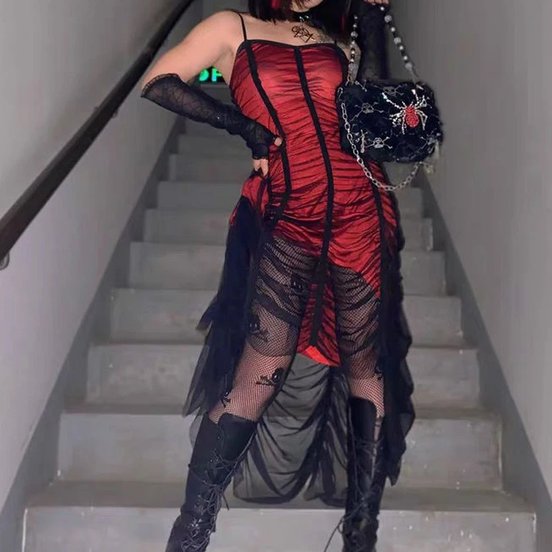 Vestido largo de verano con tirantes para mujer, rojo y negro con espalda descubierta traje Sexy, estilo Hipster, gótico oscuro, plisado, 2022